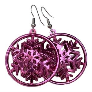 Christmas Holiday Snowflake Dangle Earrings Hot Pink